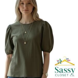 Banana Republic Olive Puff Sleeve Crew Neck Tee Cotton Modal Top Size S